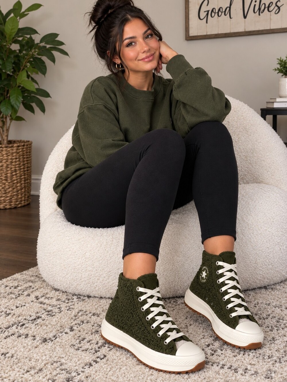 ⭐️NWOB Converse Olive Green Sherpa High-Top Sneakers with Cream Accents⭐️